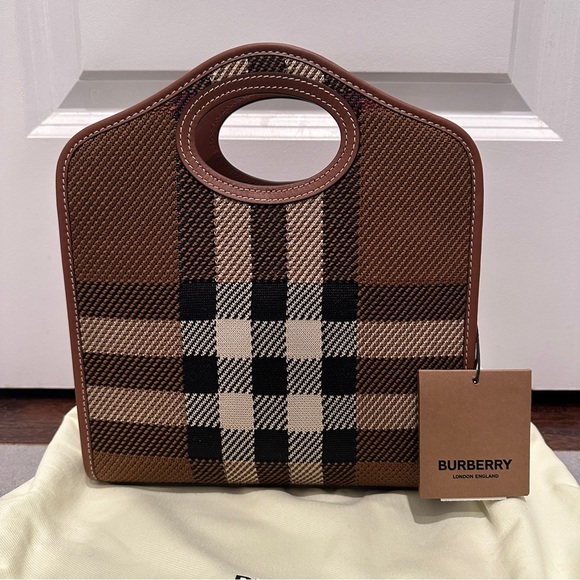 BURBERRY Mini Pocket Bag Knitted Check and Leather- Dark Birch Brown - Picture 4 of 11